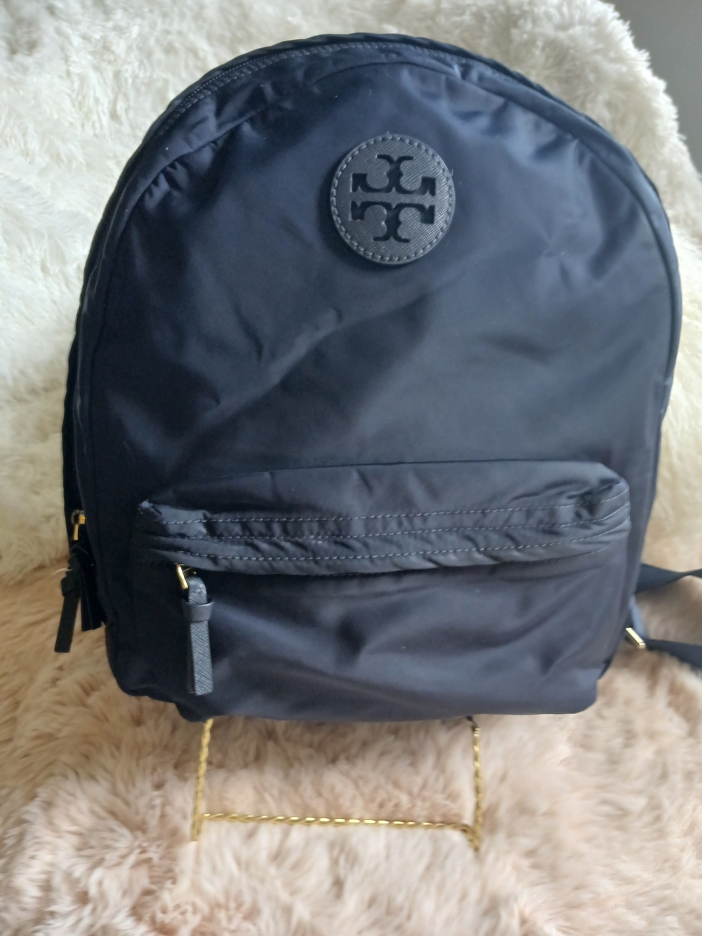 Tory Burch Black Nylon Round Backpack with Logo Patch